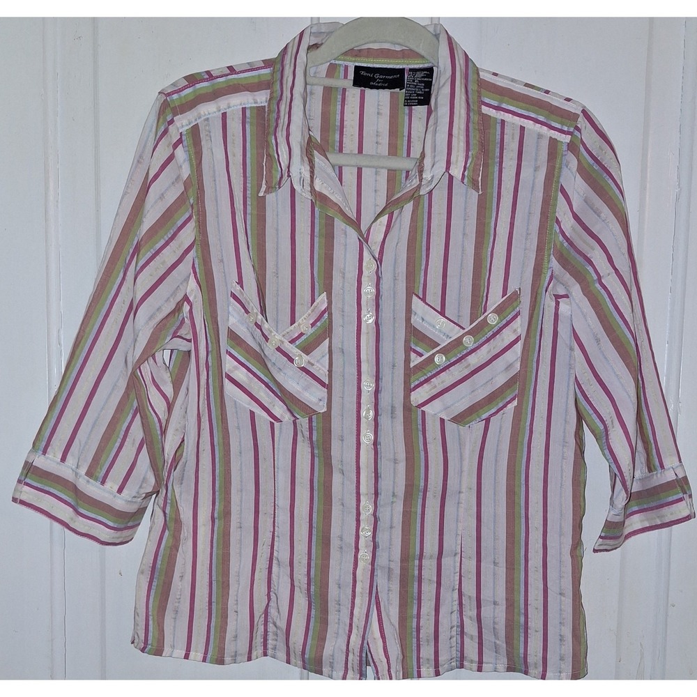 Tony Garment Women's Size XL Stripped Button Up Blouse 3/4 Sleeve Spring‎ Office